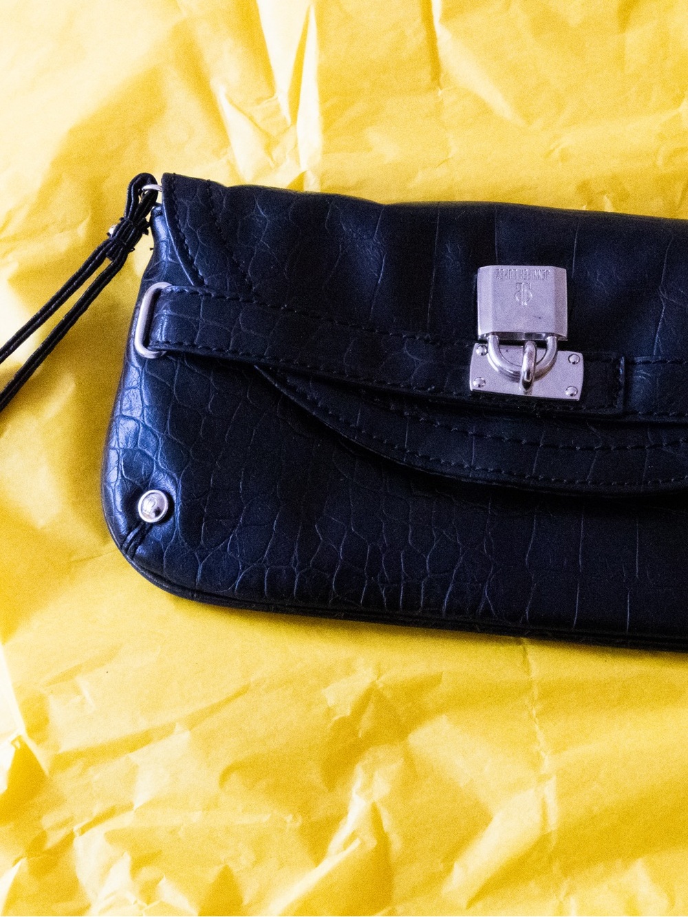 Classic Black Leather Wristlet Clutch with Silver-Tone Hardware